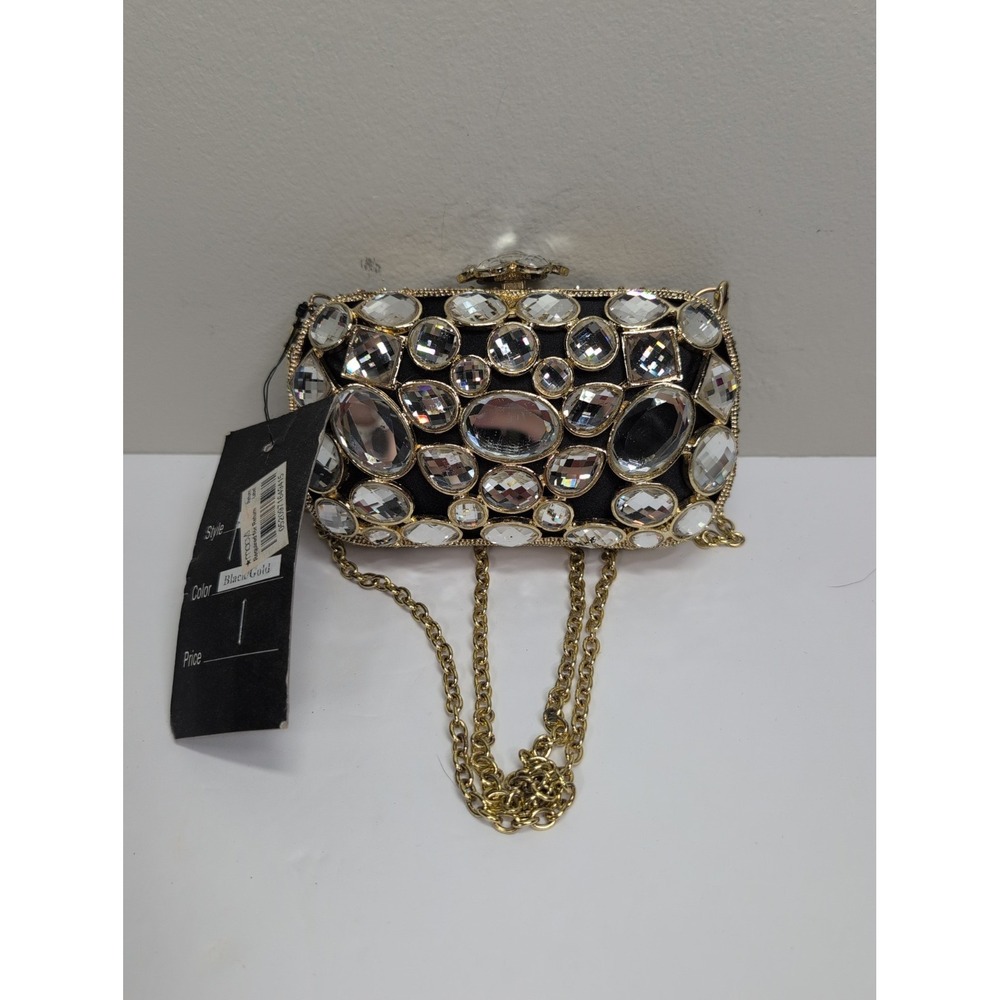 New Gold & Black With Clear Crystal Evening Clutch Hand Bag